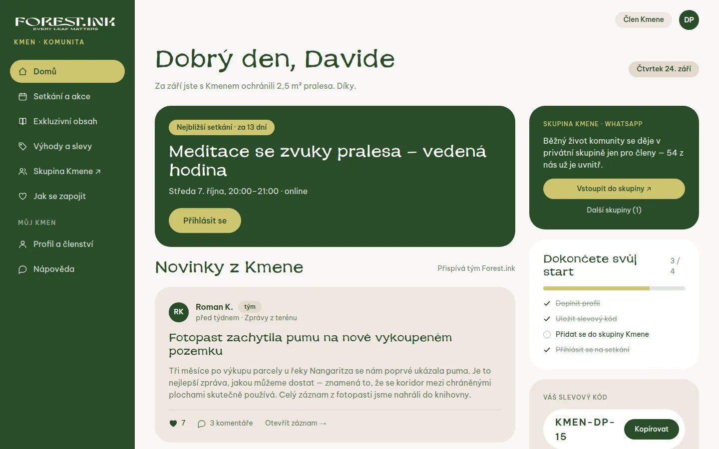 Úvodní přehled člena s nejbližším setkáním a novinkami