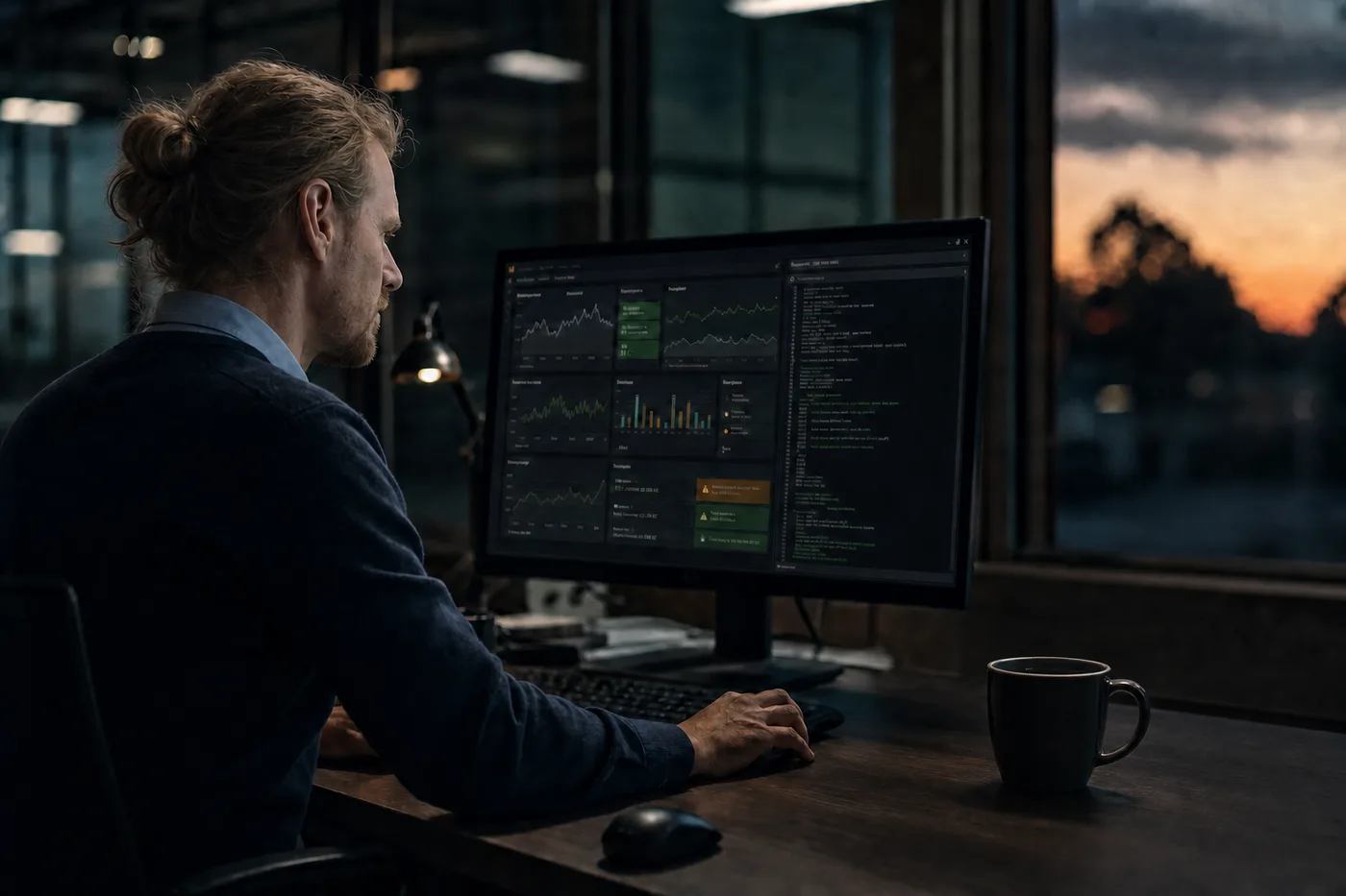 Manažer kontroluje automatizovaný workflow na monitoru